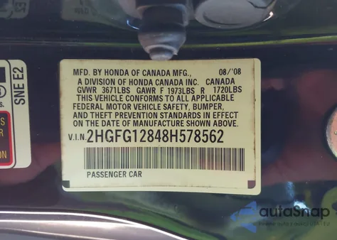 2008 Honda Civic Ex из США, поврежденный, VIN 2HGFG12848H578562